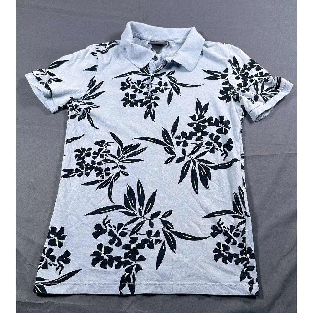 H&M Mens XS Light Blue Black Floral Print Cotton Short Sleeve Polo Shirt